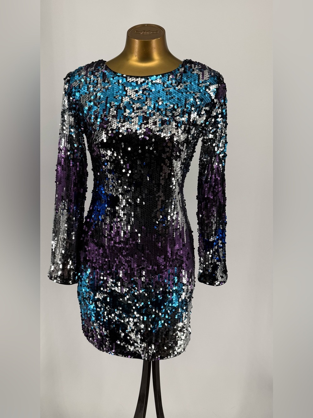 NWT TFNC London Sequin Ombre Long-Sleeve Party Dress - Blue Purple Black Size S